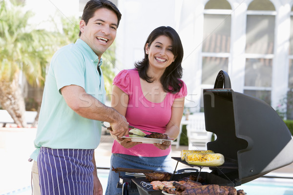 Stockfoto: Paar · koken · barbecue · gelukkig · tuin · kleur