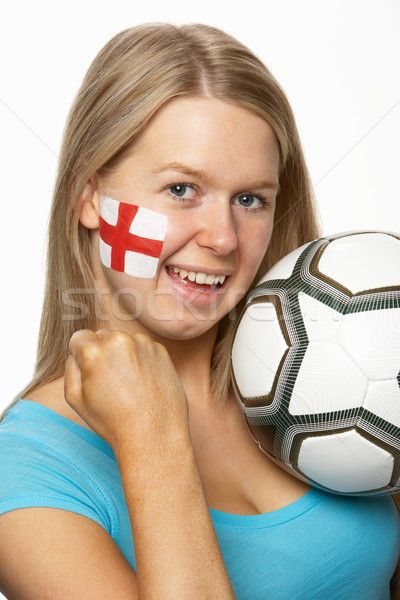 Foto stock: Jovem · feminino · futebol · ventilador · bandeira · pintado