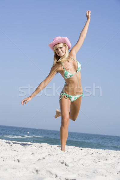 Stockfoto: Jonge · vrouw · strandvakantie · cowboyhoed · vrouw · strand