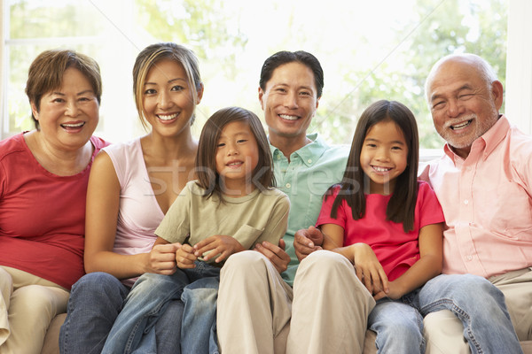 [[stock_photo]]: Famille · élargie · détente · canapé · maison · ensemble · famille