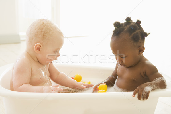 Stock foto: Zwei · Babys · Schaumbad · Junge · Bad · Bad