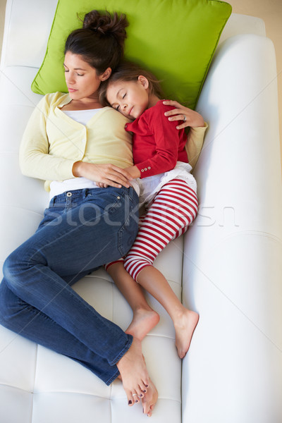Foto stock: Ver · mãe · filha · relaxante · sofá · mulher