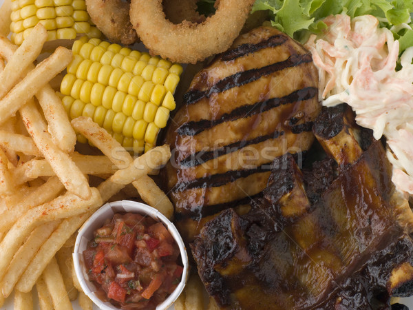 Barbeque Chicken and Ribs with Fries Slaw and Salsa Stock photo © monkey_business