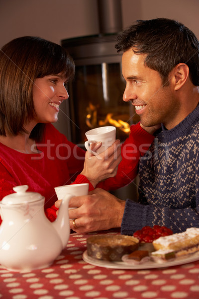 Stockfoto: Paar · genieten · thee · cake · gezellig · brand