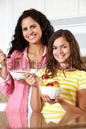 Drei junge Frauen Unterwäsche Tee Party Essen Stock foto © monkey_business