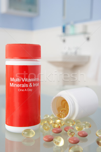 Stock photo: Vitamin pills on bathroom shelf