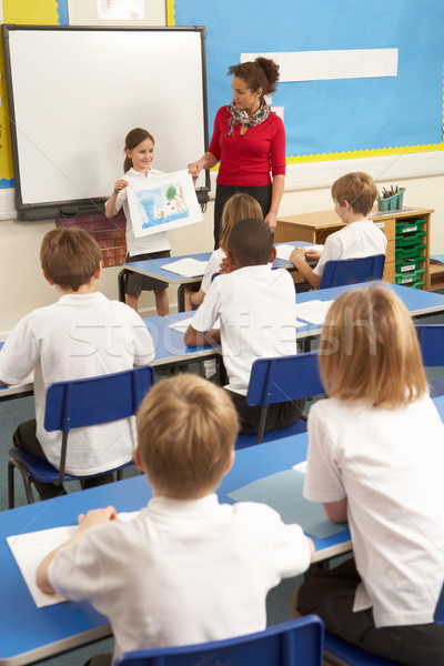 Foto stock: Estudar · sala · de · aula · professor · menina · feliz