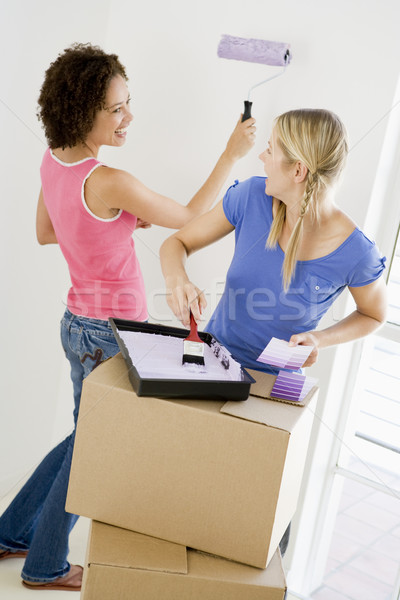 Két nő festmény szoba új otthon mosolyog nő Stock fotó © monkey_business