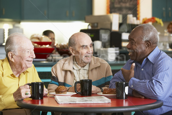 Stock foto: Senior · Männer · trinken · Tee · zusammen · Freunde