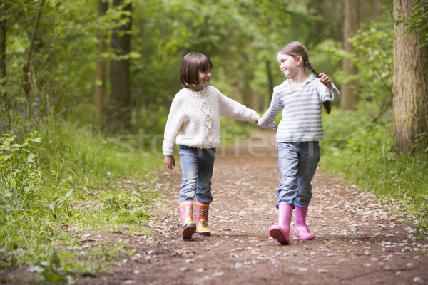 Two sisters walking on path holding hands smiling Stock photo © monkey_business
