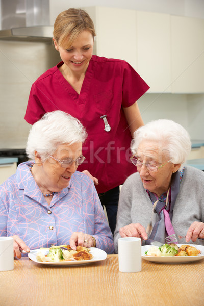 Idős nők gondozó élvezi étel otthon Stock fotó © monkey_business