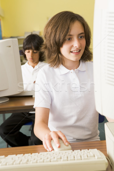 [[stock_photo]]: écolière · étudier · école · ordinateur · enfant · clavier