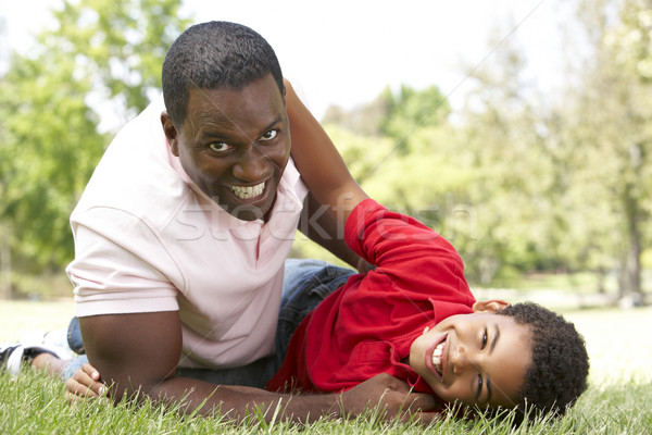 Portret szczęśliwy syn ojca parku rodziny trawy Zdjęcia stock © monkey_business