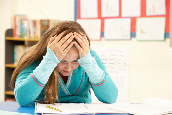 Stock photo: Stressed Schoolgirl Studying In Classroom