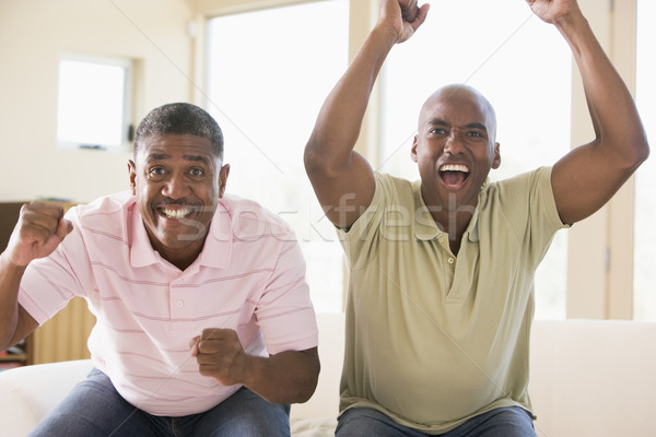 Stock photo: Two men in living room cheering and smiling