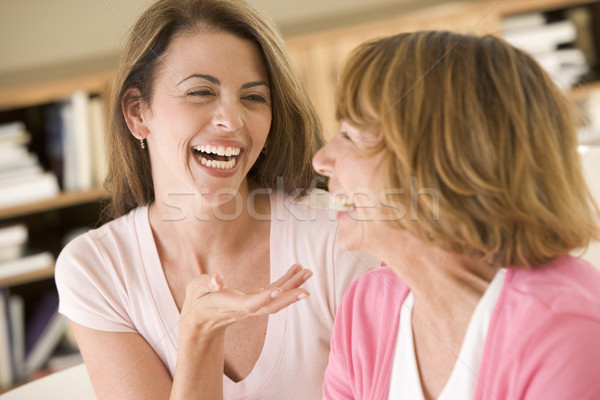 две женщины сидят гостиной говорить смеясь женщину Сток-фото © monkey_business