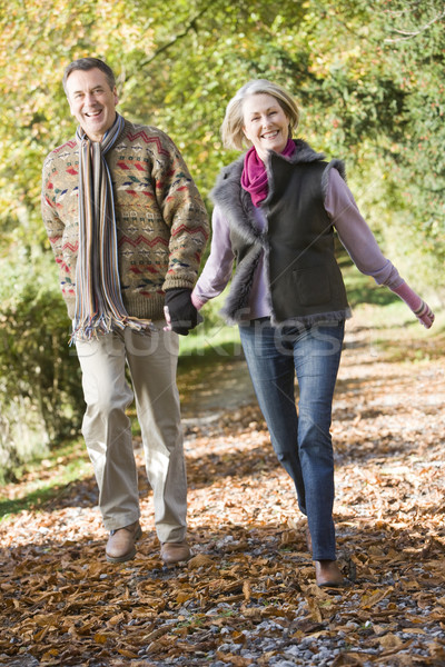 [[stock_photo]]: Couple · de · personnes · âgées · marche · automne · bois · chemin · heureux