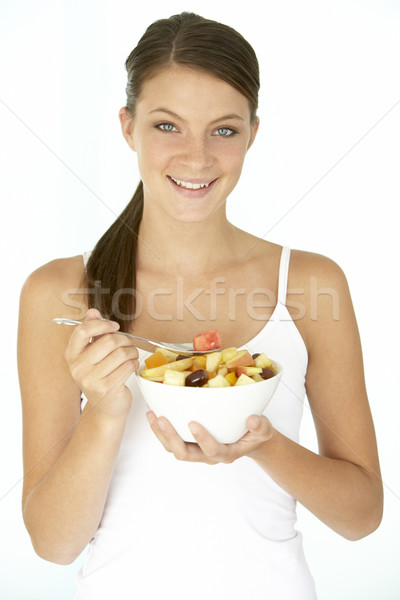 Foto stock: Comer · fruta · fresca · ensalada · mujer · alimentos