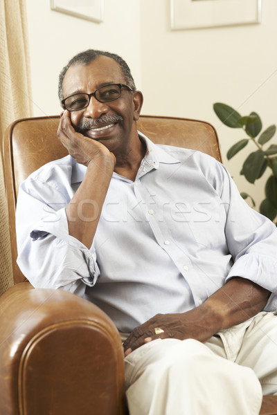 Stockfoto: Senior · man · ontspannen · stoel · home · gelukkig