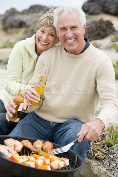 Stockfoto: Paar · koken · barbecue · voedsel · man · bier