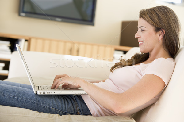 Foto d'archivio: Donna · soggiorno · utilizzando · il · computer · portatile · donna · sorridente · sorridere · computer