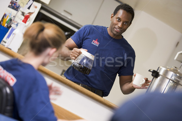 Strażacy relaks pracowników kuchnia kobieta kawy Zdjęcia stock © monkey_business