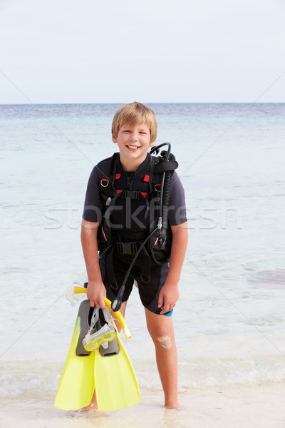 Stock foto: Junge · Ausrüstung · genießen · Strandurlaub · Strand