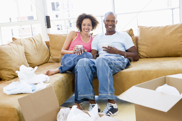 Stockfoto: Paar · ontspannen · koffie · dozen · nieuw · huis · glimlachend