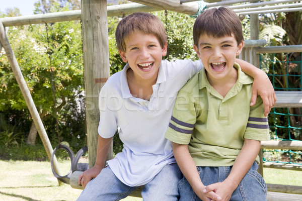 Foto stock: Dois · jovem · masculino · amigos · recreio · sorridente