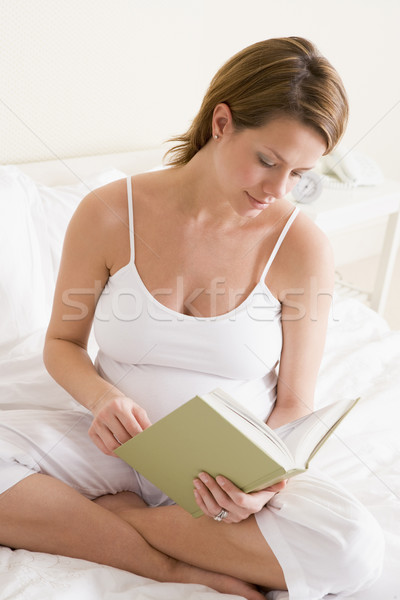 [[stock_photo]]: Femme · enceinte · chambre · lecture · livre · femme · heureux