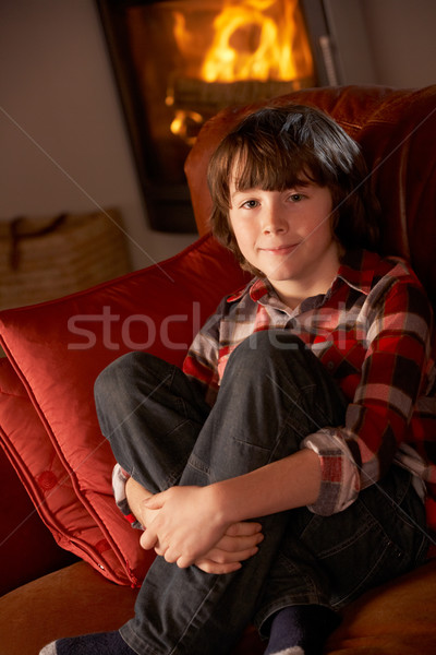 Young Boy Sitting On Sofa By Cosy Log Fire Stock photo © monkey_business