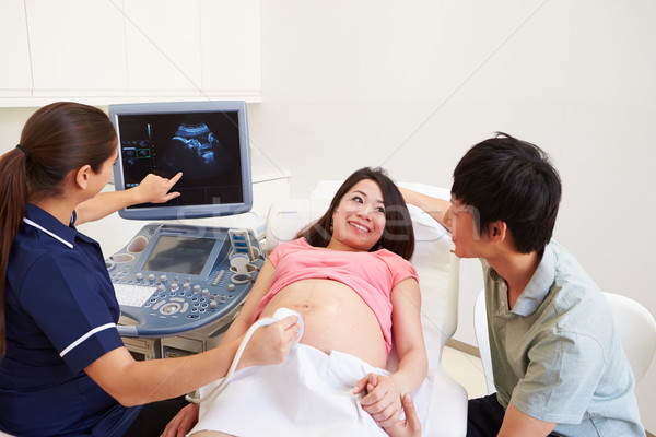 Foto d'archivio: Donna · incinta · partner · ultrasuoni · scansione · donna · medico