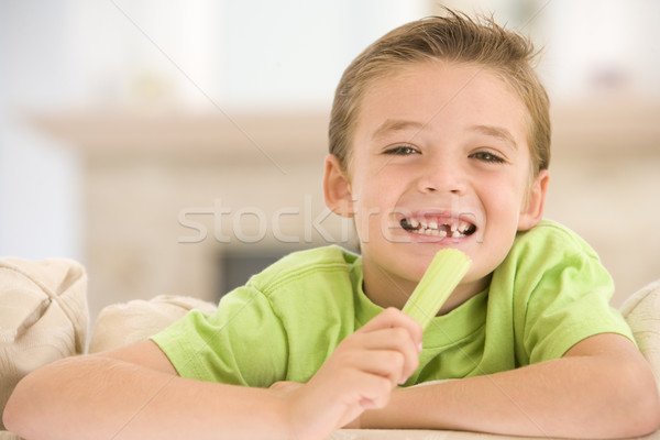 Stock photo: Young boy eating celery in living room smiling