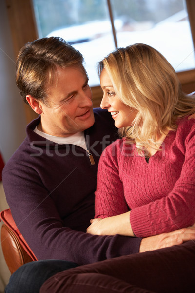 Middle Aged Couple Chatting On Sofa In Chalet With Winter View Stock photo © monkey_business