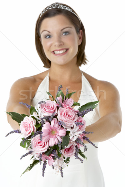 Portré menyasszony tart virágcsokor virágok esküvő Stock fotó © monkey_business