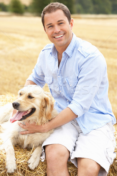 Man Sitting With Dog On Straw Bales In Harvested Field Stock photo © monkey_business