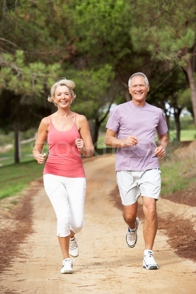 Foto stock: Pareja · de · ancianos · ejecutando · parque · mujer · feliz · fitness