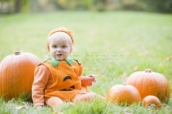 Baby boy outdoors in pumpkin costume with real pumpkins Stock photo © monkey_business