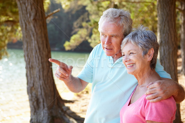 Foto stock: Pareja · de · ancianos · lago · junto · mujer · amor · jardín