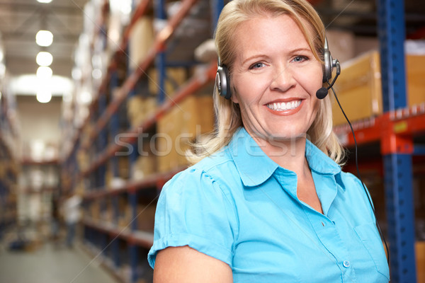 Foto stock: Empresária · fone · distribuição · armazém · mulheres · empresário