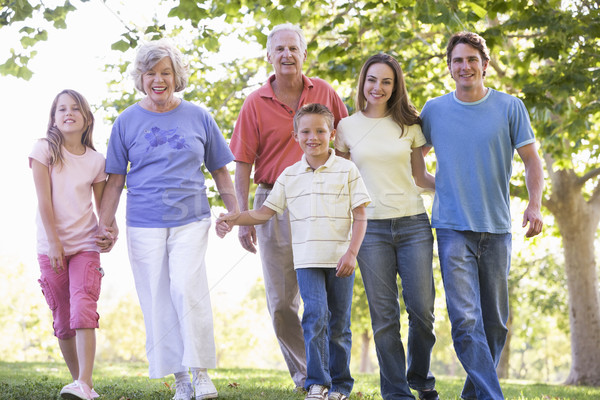 [[stock_photo]]: Famille · élargie · marche · parc · mains · tenant · souriant · femme