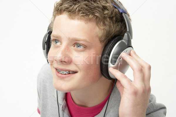 Foto stock: Retrato · sonriendo · escuchar · música · cara · feliz