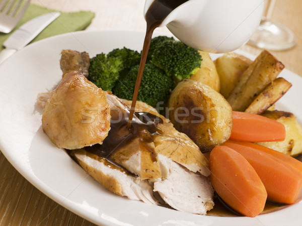 Stock photo: Gravy being Poured over a plate of Roast Chicken