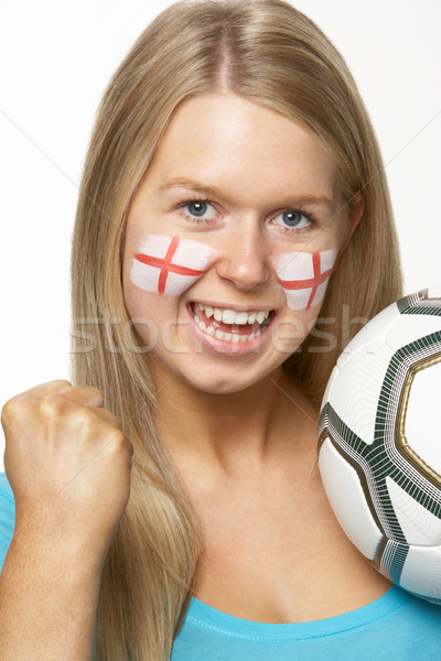 Foto stock: Jóvenes · femenino · fútbol · ventilador · bandera · pintado