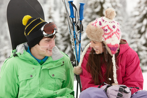 [[stock_photo]]: Deux · adolescents · ski · vacances · montagnes · fille