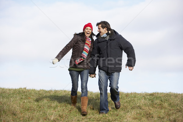 Stock foto: Paar · läuft · Park · Mann · glücklich · Winter