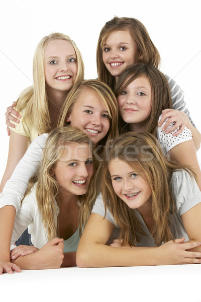 Stockfoto: Groep · vriendinnen · portret · tanden · jonge