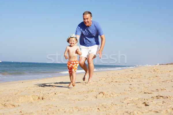 Foto stock: Abuelo · nieto · ejecutando · playa · hombre · nino