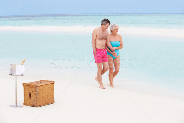 Foto stock: Casal · de · idosos · praia · luxo · champanhe · piquenique · verão