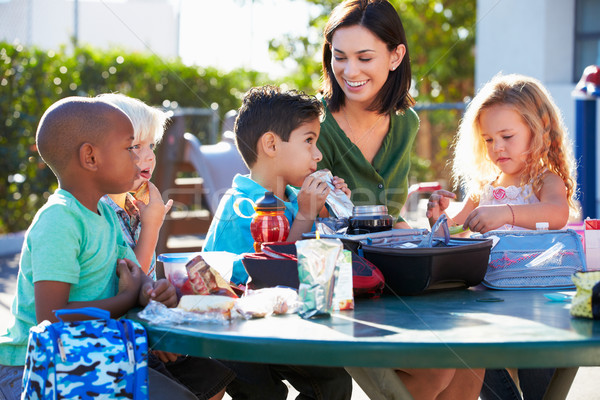 Elementair leerlingen leraar eten lunch school Stockfoto © monkey_business